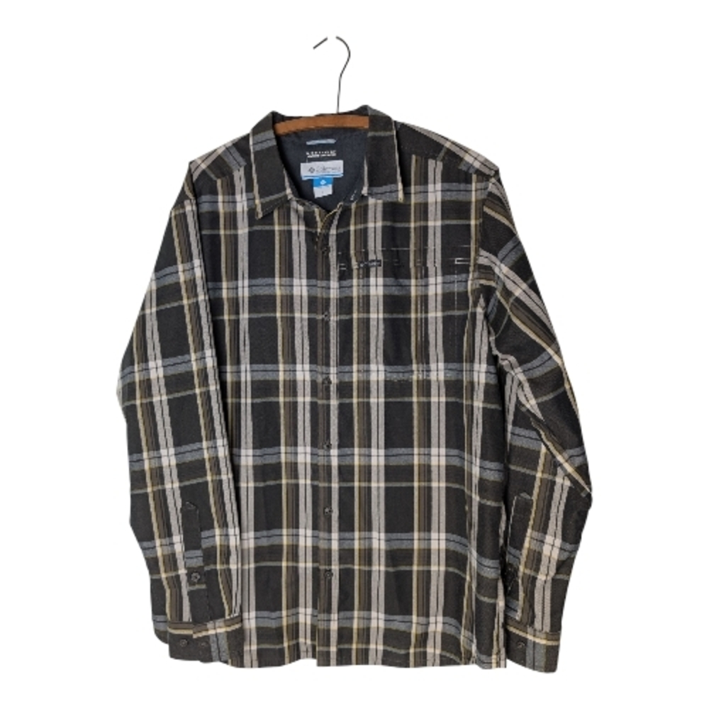 Columbia men's brown white and yellow plaid omni-wick Button-Up Shirt size Large